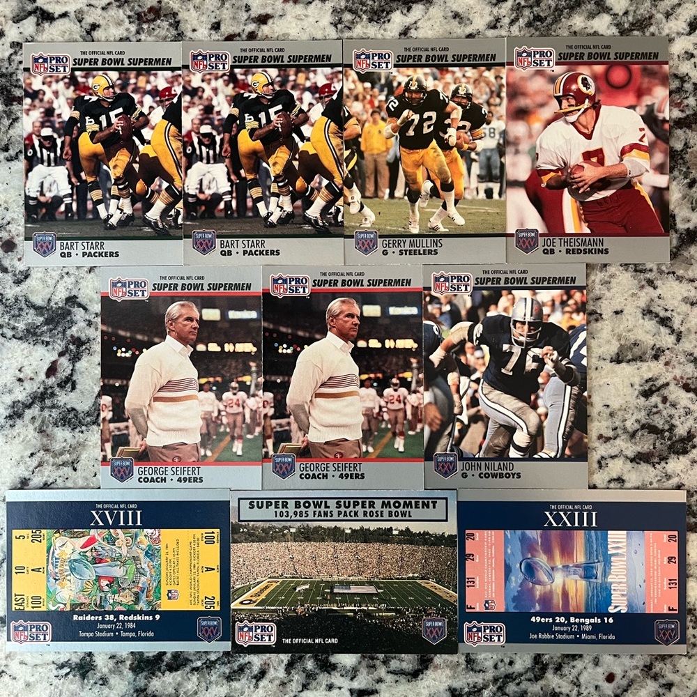 1990 Rare NFL Pro Set Super Bowl Supermen football cards in good condition.